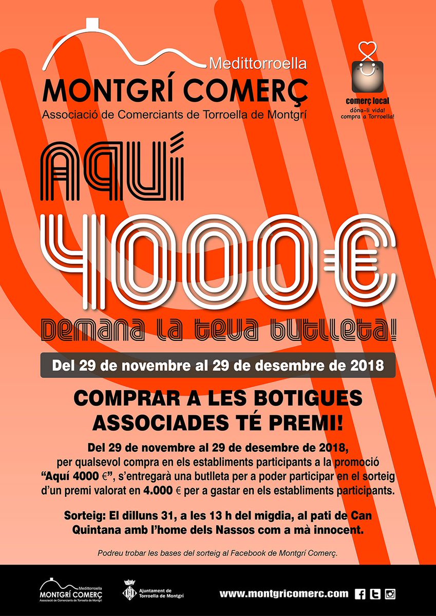 MontgriComerc's tweet photo. COMPRAR A LES BOTIGUES ASSOCIADES TÉ PREMI! demana la teva butlleta!
#compraatorroella #comerçlocal #comerçdeproximitat #fempoble
Tota la informació del sorteig a:
https://t.co/70VMz9Qci0… https://t.co/gBFNh88MSu