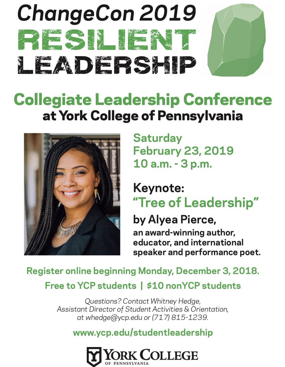 ChangeCon 2019: Resilient Leadership registration is now open! Tickets are free for #YCP students &amp; space is limited. Check our link below for more details   ycp.edu/studentleaders… <a href="/yorkcollegepa/">York College of Pennsylvania</a> @AlyeaSpeaks <a href="/YCPSenate/">YCP Student Senate</a> <a href="/YCPactivities/">York College OSAO</a>