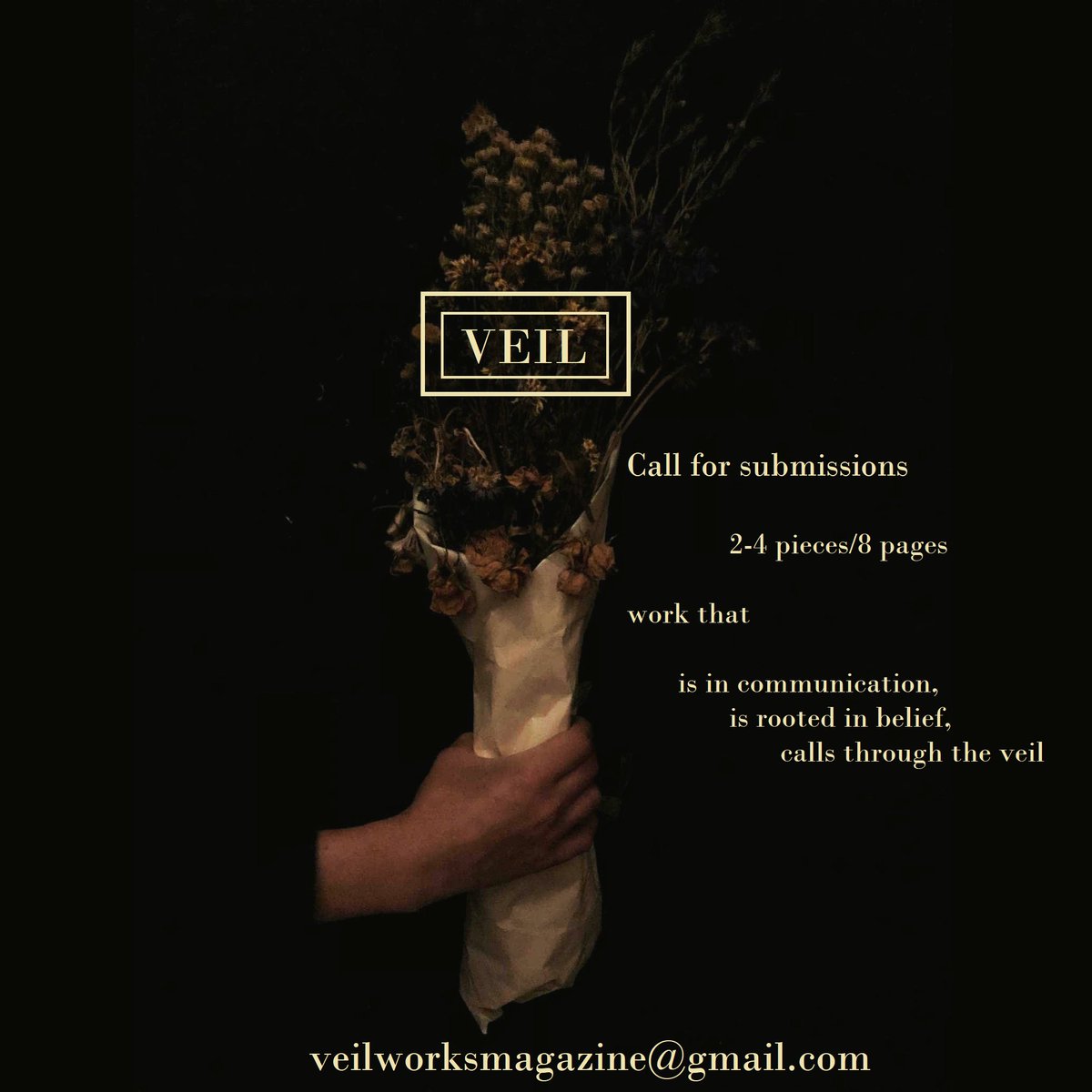 veilwork's tweet image. Submissions are open! Rolling submissions until noted otherwise! Once we start you'll hear from us every two weeks! 

Send your calls to the dark, your evil thoughts, your ouija poems!