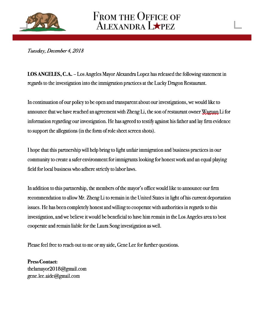LopezForLA's tweet photo. In regards to recent accusations against @Gene_Lee_LA, in light of the investigation, he will be releasing a statement within the hour. Please read below for more information --> https://t.co/iAJ5xyv5B2