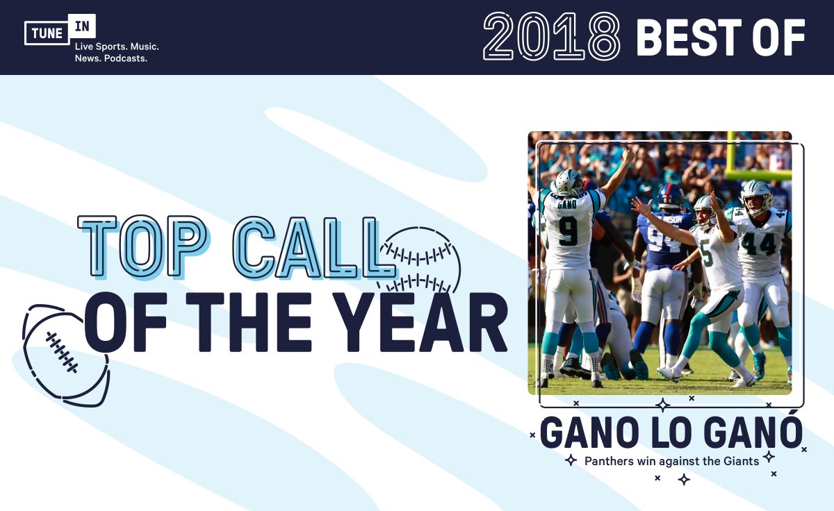 tunein's tweet photo. Our favorite call of 2018 will forever be known as “Gano Lo Ganó” (“Gano won it”), where @GrahamGano’s last-second 63-yard field goal inspired the @Panthers’ Spanish radio announcer to spontaneously break into song! #TuneIn2018 https://t.co/iGVi7kHjQI https://t.co/yS8goXt10H
