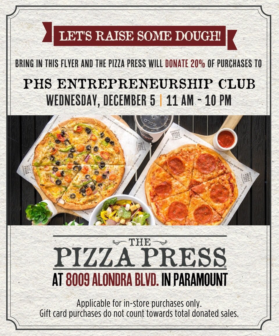 iTeachCTE's tweet photo. Please bring this flyer to @thepizzapress in Paramount today from 11am-10pm. Help our students get closer to achieving their start-up dreams ! #entrepreneurship #paramounthighschool #startup #fundraiser #paramount #pizza https://t.co/zXySuFubfY