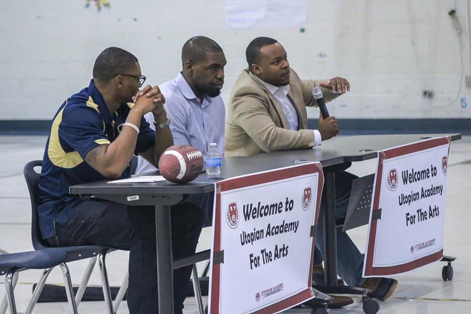 GAFYorg's tweet photo. GAFY Ambassador Rashaad Reid joined by former Georgia Tech student-athletes Daniel McKayhan Jr and Omoregie Uzzi talked to the Utopian Academy about the valuable life lessons taught by sports and athletics, college readiness, tests, ways to obtain scholarships and much more. https://t.co/DjRy6rS74t