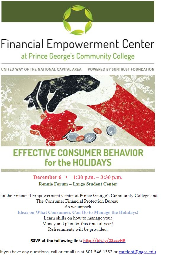 fecpgcc's tweet photo. As we close the year & gear toward the break, put us on your calendar for old time's sake! Invest your time into learning the tips &tricks to #moneyManagement this holiday season. See the attached flyers for our #consumerbehavior & #investing basics presentations. #Share #fecpgcc https://t.co/3kmovuk3fJ