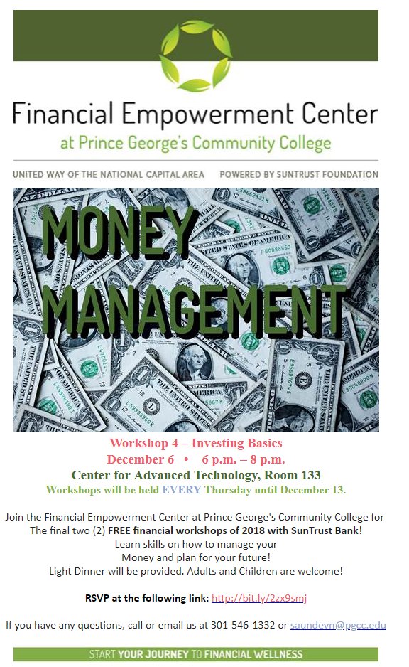 fecpgcc's tweet photo. As we close the year & gear toward the break, put us on your calendar for old time's sake! Invest your time into learning the tips &tricks to #moneyManagement this holiday season. See the attached flyers for our #consumerbehavior & #investing basics presentations. #Share #fecpgcc https://t.co/3kmovuk3fJ