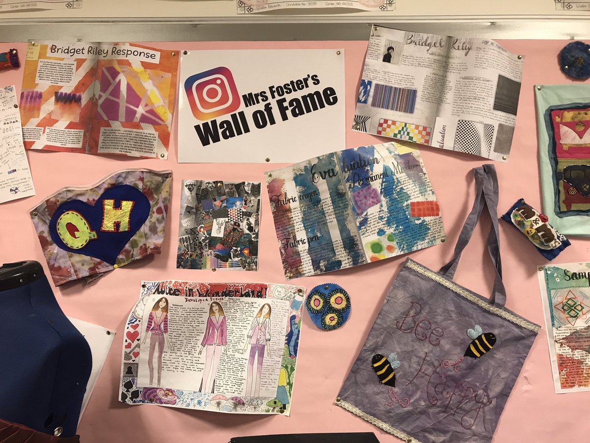 SADARTdept's tweet photo. Some work on Mrs Foster’s best work wall - did your work make it up there? @SwindonAcademy1 #textiles #textileart https://t.co/uOmEEwGsQH