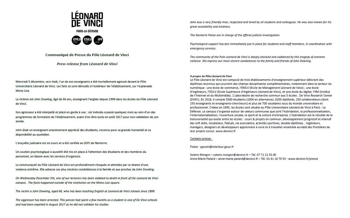 poledevinci's tweet photo. Ce mercredi 5 décembre, l’un de nos enseignants a été mortellement agressé à l'extérieur de l'établissement. La communauté du Pôle Léonard de Vinci est profondément choquée par ce drame. Elle adresse ses plus sincères condoléances à la famille et aux proches de John Dowling. https://t.co/8lCDuufzKR