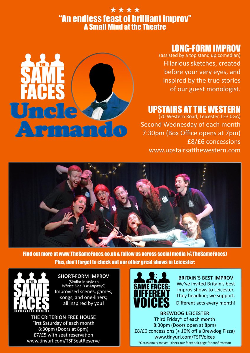 TheSameFaces's tweet photo. NEXT WEDNESDAY IN #LEICESTER!
#UncleArmando makes his Christmas visit to @UpstairsWestern, with guest headliner, @SteffTodd.

"Best #Improv Show" Nominees, @LeicsComedyFest 2018

7:30pm start (box office opens at 7pm); tickets are £8/£6 concs, from https://t.co/XXXf8Fye8V
#comedy https://t.co/k3yfvRx7d7