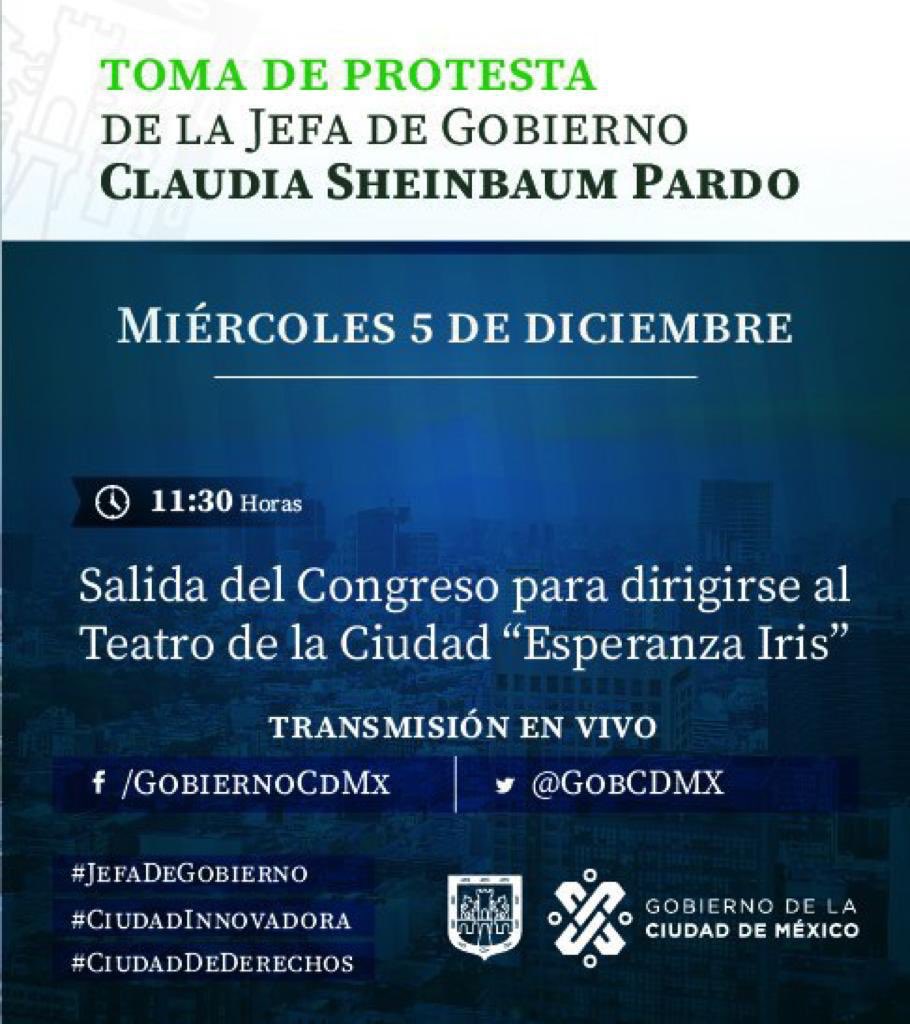 #Entérate ⚠️ | La #JefaDeGobierno, @Claudiashein, asiste al #TeatroEsperanzaIris después de su toma de protesta. Puedes seguir la transmisión de sus actividades a través de las redes sociales: 📲 Vía Twitter en @GobCDMX 📲 Vía Facebook en GobiernoCDMX #CiudadDeDerechos