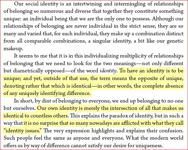 Bruno Prennou On Twitter Identity Politics Obsess Everyone And But What Is Identity Being Unique Or Being Identical To Some Others An Answer By Rengirard In His Essay Belonging Identitypictwittercom