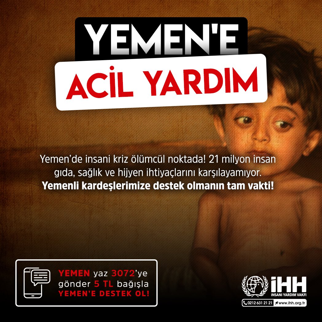 Yemen’deki insani krizden en çok çocuklar etkileniyor. Milyonlarca insan temel insani ihtiyaçlarını gideremiyor. Şimdi Yemenli kardeşlerimize destek olma vakti.

#ÇocuklarAçKalmasın
