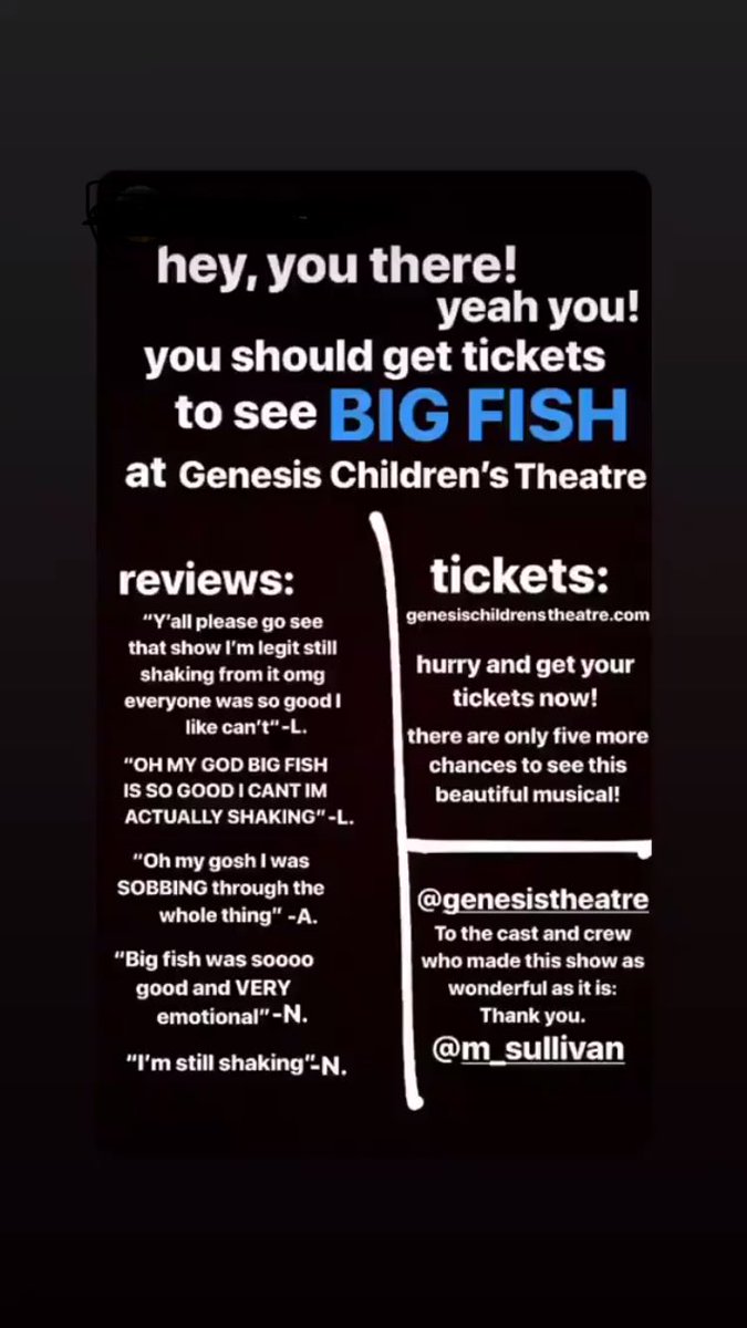 GenesisTheatre_'s tweet photo. Thinking about coming to see “Big Fish?” Check out what our students are posting on Instagram! We always say our families are our best marketing and here is a great example! You have five more chances to see this show and find out why our audience is “shaking!” #bigfishgenesis https://t.co/aQWxoSkyYe