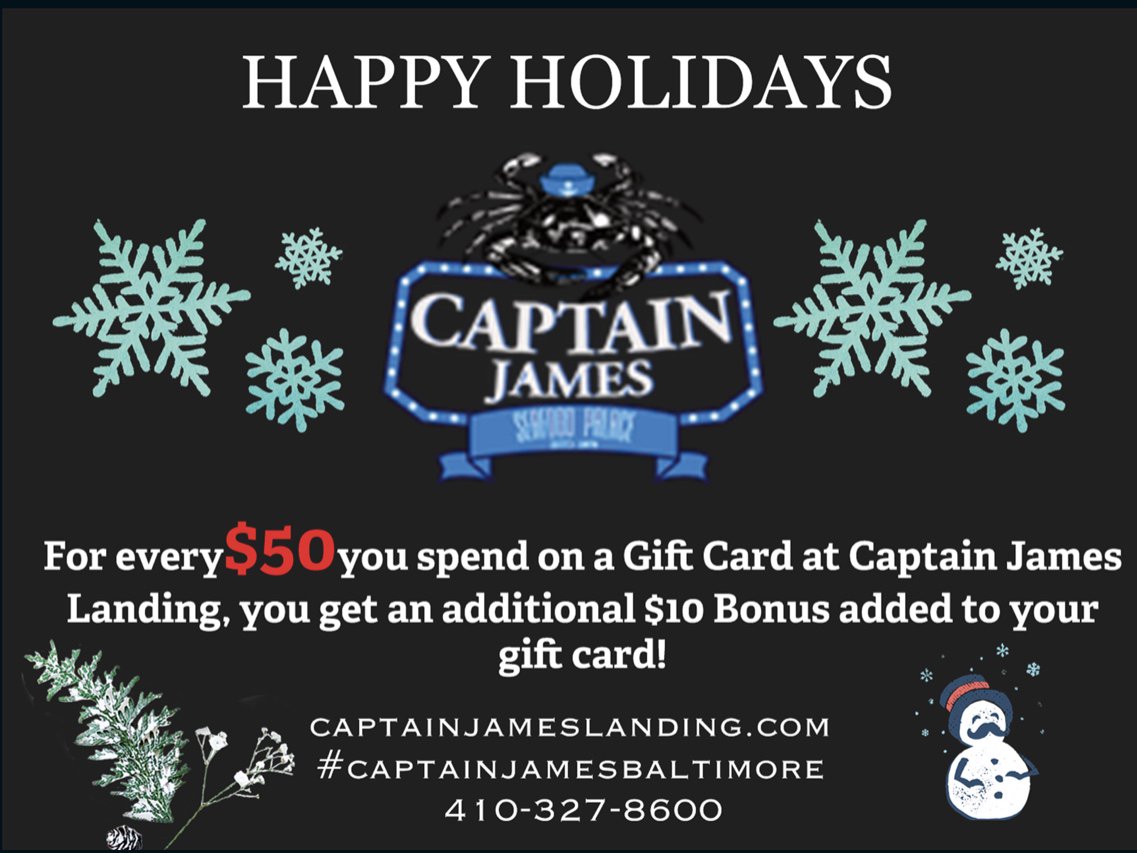 captainjames_md's tweet photo. 'Tis the season to be jolly! And what brings more happiness than a delicious meal? Get the perfect gift for your loved ones at #CaptainJames!! 🎁 #Special #GiftCard #Canton #FellsPoint #BmoreSocial #Seafood #Holidays https://t.co/lcEo7haug6