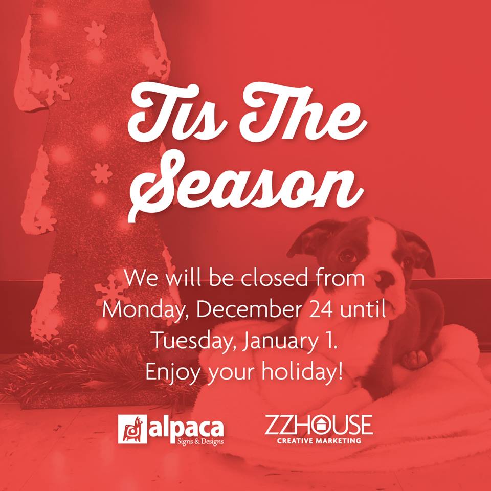 zzhousedesign's tweet photo. ZZHouse &amp; our partner company, Alpaca Signs &amp; Designs, will be closed for the holidays from 12/24/2018-1/1/2019. We will resume normal business hours on 1/2/2019. Reach out if you have any projects you need done before the holidays 🤗❄️🎄

#marketing #design #tistheseason #netDE https://t.co/PTxI37l8tA