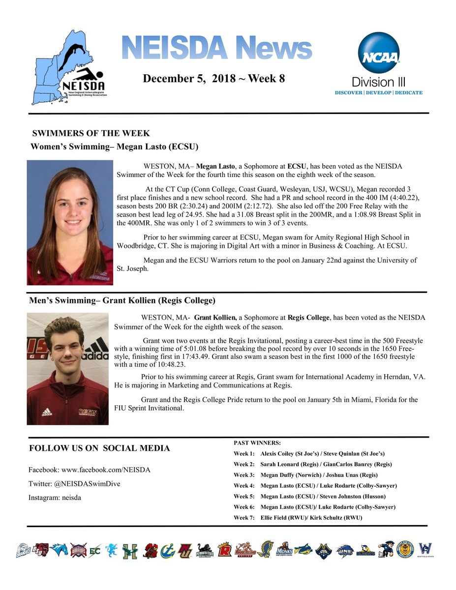 NEISDASwimDive's tweet photo. Congratulations to this week's Athletes of the Week

Female Swimmer: Megan Lasto (ECSU)
Male Swimmer: Grant Kollien (Regis)

Female Diver: Elisabeth McQuaid (Regis)
Male Diver: Drew Worden (WCSU)

https://t.co/I2EKN59vGF https://t.co/3P11lPFJuK