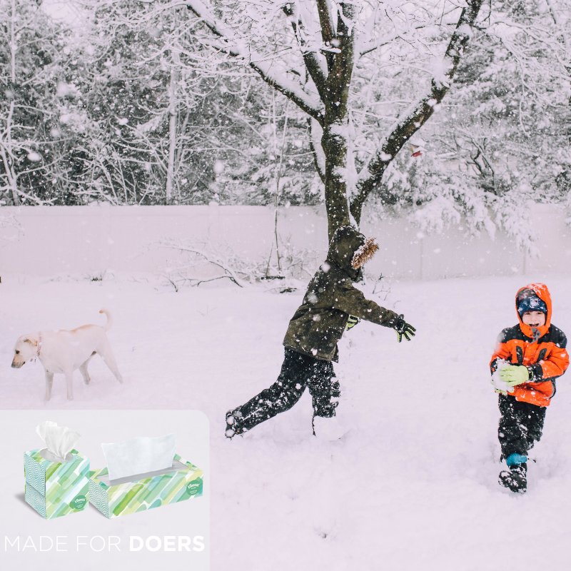 Kleenex's tweet photo. We bet that you'll have some noses to take care of this winter. Be prepared by stocking up on Kleenex® Soothing Lotion™ tissues. You'll feel good about providing them with a tissue that soothes their skin, and they'll get back to enjoying the snow! #GetOutside #MadeForDoers https://t.co/MHvz3586ez
