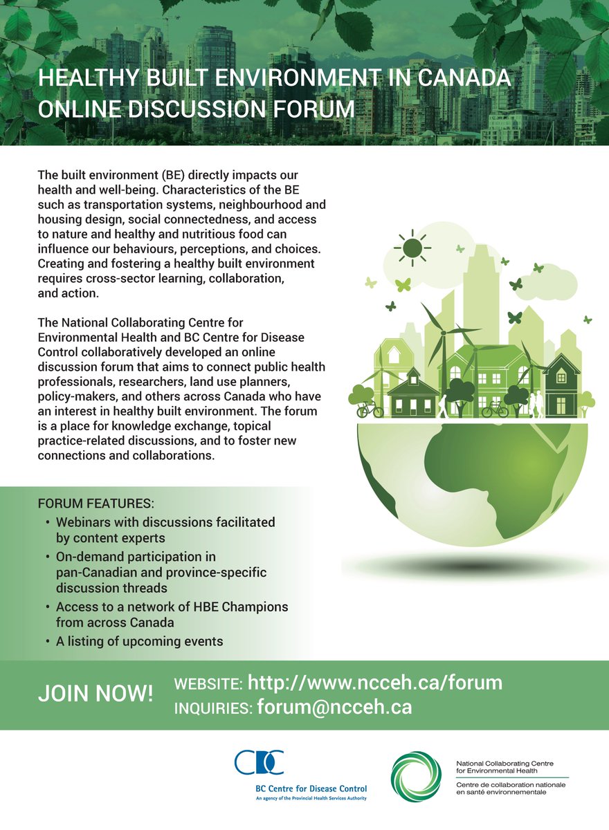 BC_HC's tweet photo. Just launched! The #HealthyBuiltEnvironment in Canada online discussion forum aims to bring together #publichealth professionals, land use #planners, researchers, policy-makers, and industry to share ideas and knowledge for creating #healthycommunities https://t.co/JFaPeJ5qhQ https://t.co/MLctCYuEbi