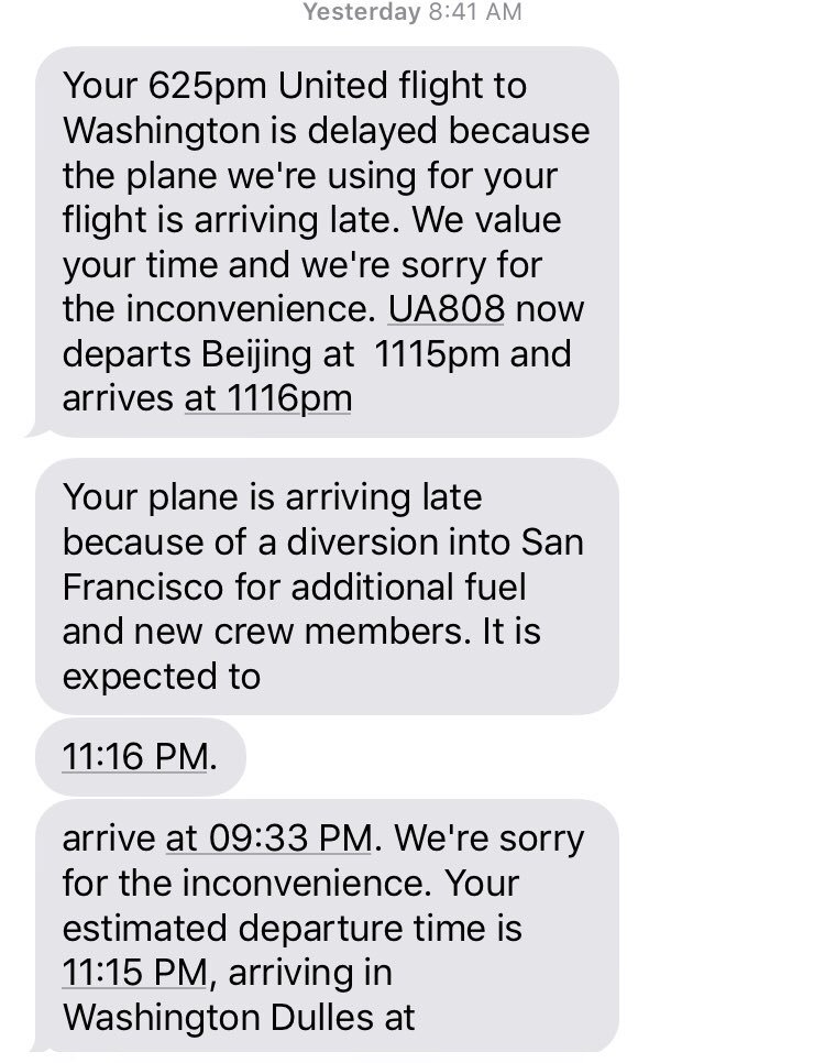 errolbarnett's tweet photo. Something is not right with our @united #flight808 back to DC.
After a 7hr delay on the incoming aircraft, we finally took to the runway but returned to the gate. Pilot told us “flight path” no longer approved.
That was 2hrs ago.
@flightaware says we’re in the air to SFO!? https://t.co/im0jrZZw5b
