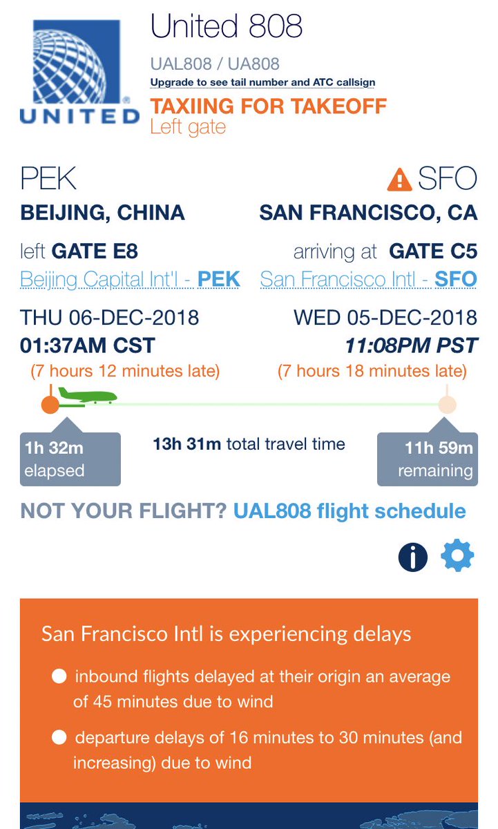 errolbarnett's tweet photo. Something is not right with our @united #flight808 back to DC.
After a 7hr delay on the incoming aircraft, we finally took to the runway but returned to the gate. Pilot told us “flight path” no longer approved.
That was 2hrs ago.
@flightaware says we’re in the air to SFO!? https://t.co/im0jrZZw5b