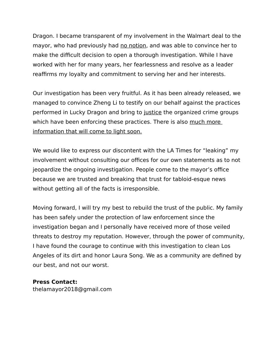Gene_Lee_LA's tweet photo. STATEMENT: @LopezForLA and I were going to PUBLICLY address rumors surrounding my involvement with the Walmart deal once the investigation had finished. We wanted to share the news once it broke, but @FakeTimesOfLA has sped up our timeline. Please DM me if you have questions. https://t.co/fCp3PGneir