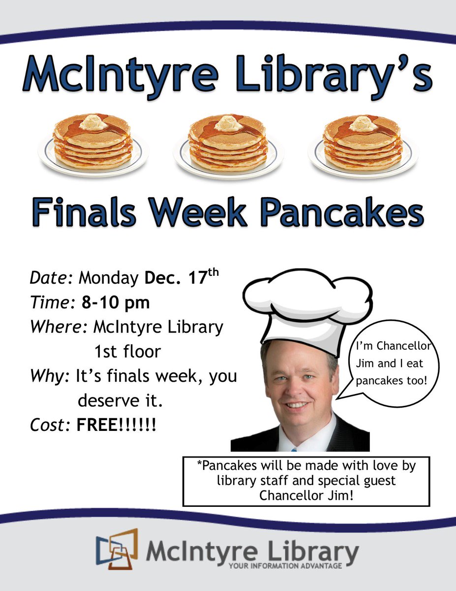 uwec_library's tweet photo. Join us for our annual Finals Week Pancake party, with pancakes made by library staff and special guest, @ChancellorJim! :) (he's got some seriously amazing pancake designs, you don't want to miss it!)
#uwec #uwecsocial #mcintyrelibrary #pancakes https://t.co/A3isxAqS72
