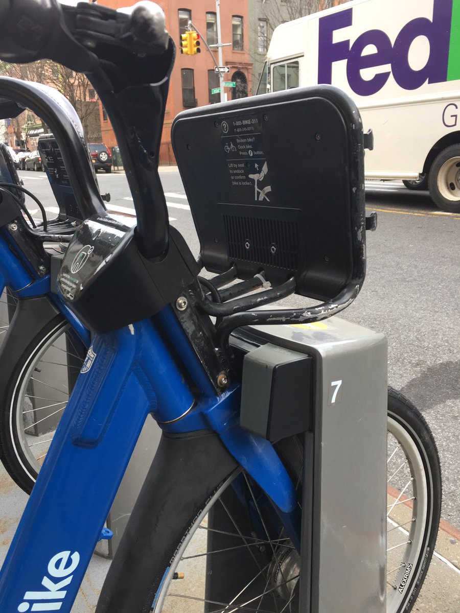 ChrisRicca's tweet photo. @CitiBikeNYC I’ve just tried to dock my bike at 10 different slots at two different stations, and it won’t take. I suspect a broken bike? https://t.co/LQGPrCkv77