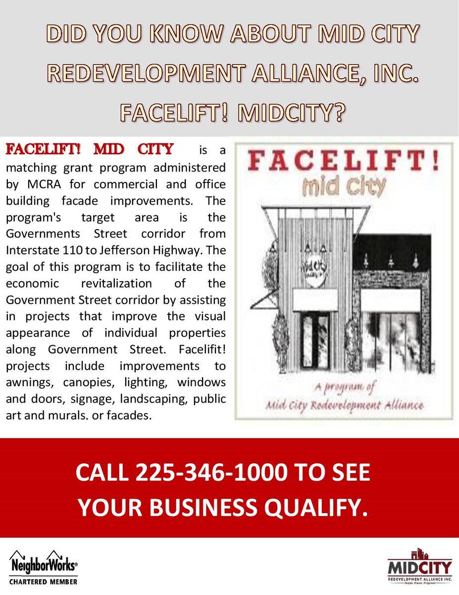MidCityBR's tweet photo. We're improving Mid City one Facelift at a time! Call 225-346-1000 to see if your business qualify. #MidCityEmpowered #FaceLiftMidCity #ImprovingTheCommunity https://t.co/1Y6I5O1XhM