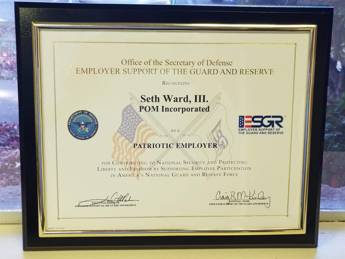POM_Meters's tweet photo. We are so honored to receive the ESGR "Patriotic Employer" award and are proud to call U.S. Air Force TSgt Carter Brown a POM Employee!  #supportourtroops https://t.co/w01Op4VQHB