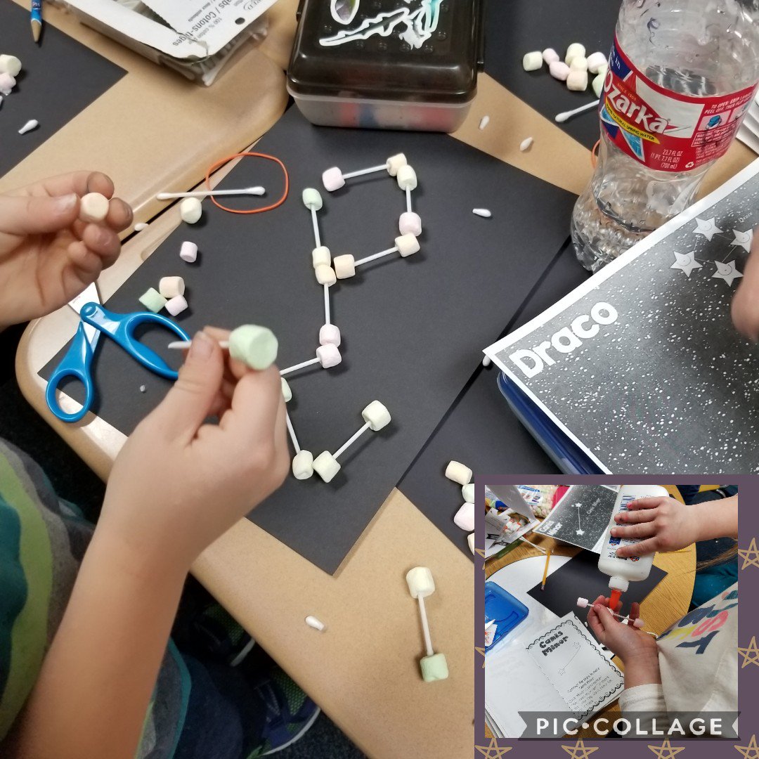 MsPorrasTeaches's tweet photo. We've been learning about constellations! Today we chose our favorite grouping of stars and made 3D models using marshmallows and q-tips. Here we see Draco the Dragon and Canis Minor! https://t.co/j7or5Vgjpd
