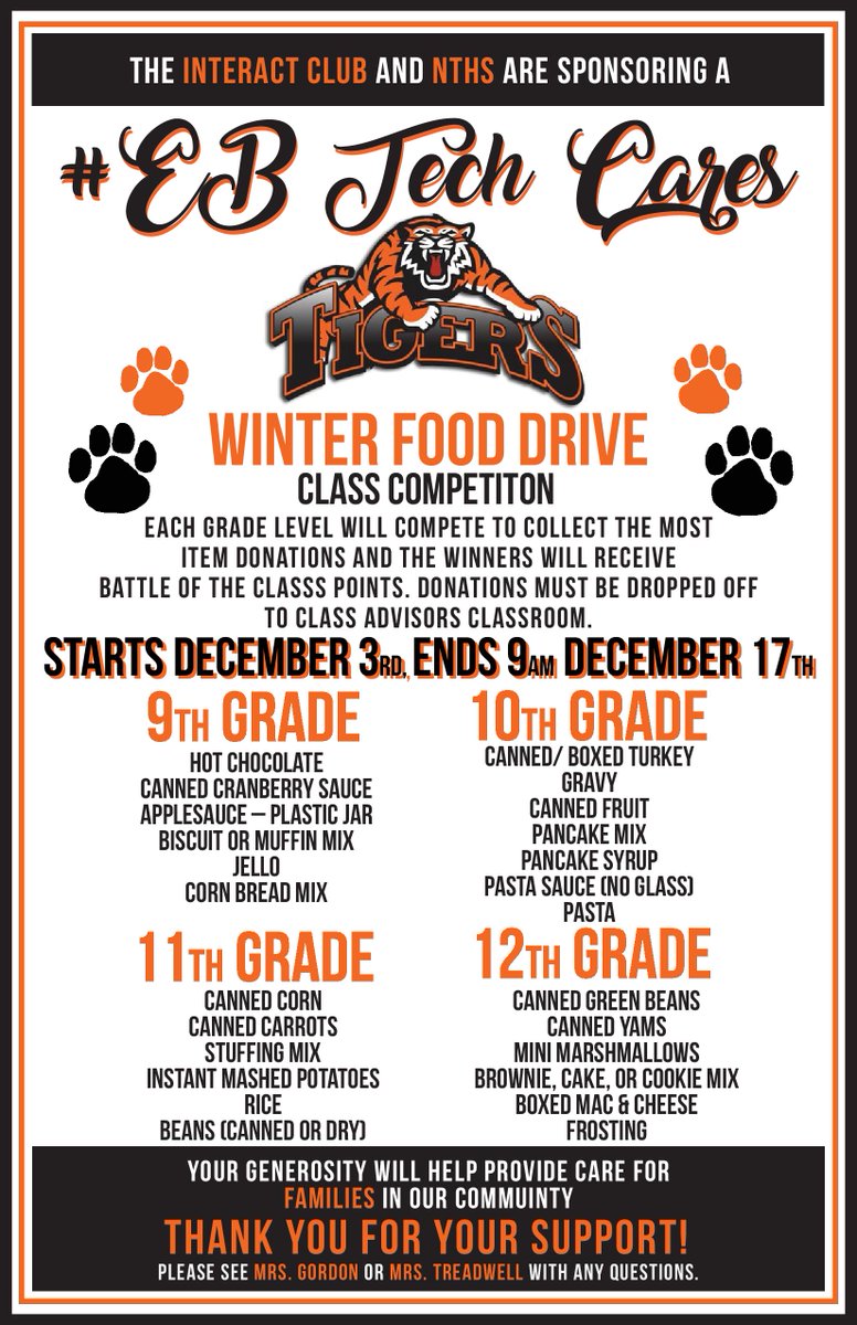 EBTechNTHS's tweet photo. The #EBTECH 2018 Winter Food Drive starts this week. This is a great opportunity to help our community and earn BOTC points. @MrsGordonEBTech @ebtechMC @EBTechHS @MCVTS_ #ebtechcares https://t.co/UP545sQ6Dj