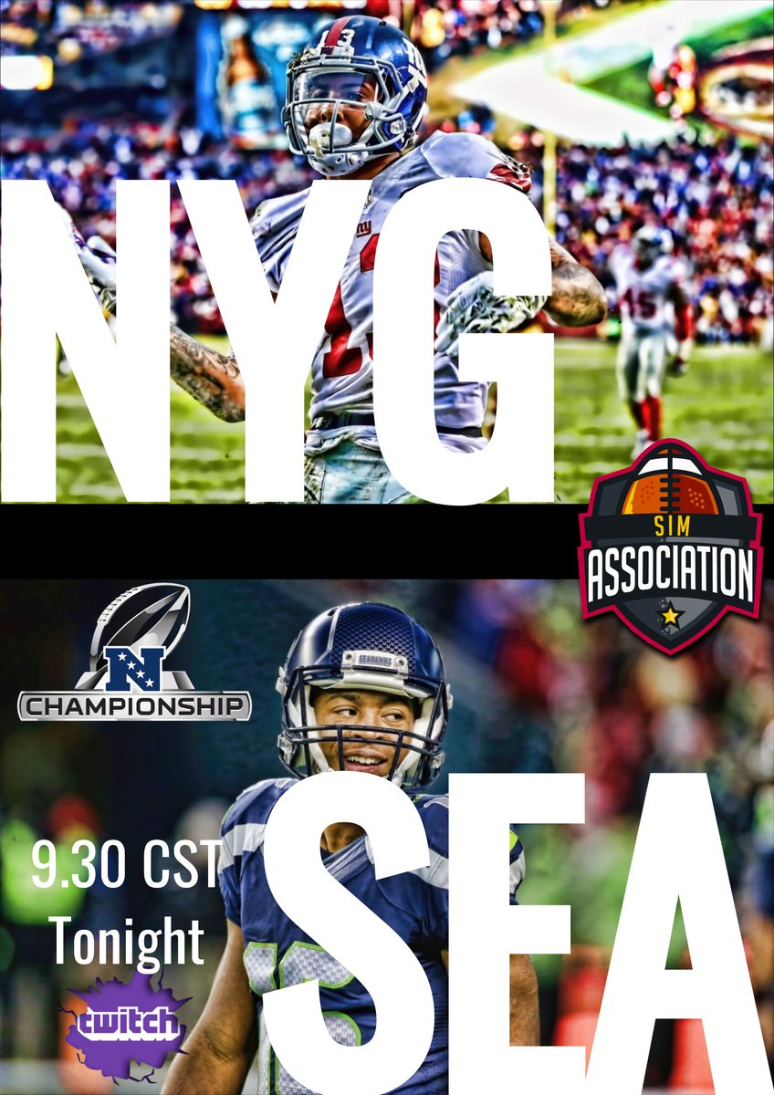 SimAssociation's tweet photo. @SimAssociation NFC CHAMPIONSHIP TONIGHT! Tune into to https://t.co/3YolZhYaCY to catch all the play by play action as the @Giants_SA1 travel to @Seahawks_SA2 for a chance to play for a Super Bowl LIV. Who will face the @Chiefs_SA1 in Miami? @leaguecrawler @MaddenAccord https://t.co/GykR1AJRUo