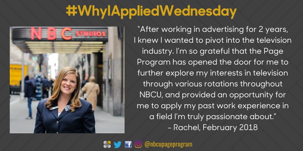 nbcuPageProgram's tweet photo. Looking to make a change on your career path? Find out why Rachel applied to the Page Program. Applications for our February cohort close on 12/12! #WhyIAppliedWednesday https://t.co/e2KRwnF8DB