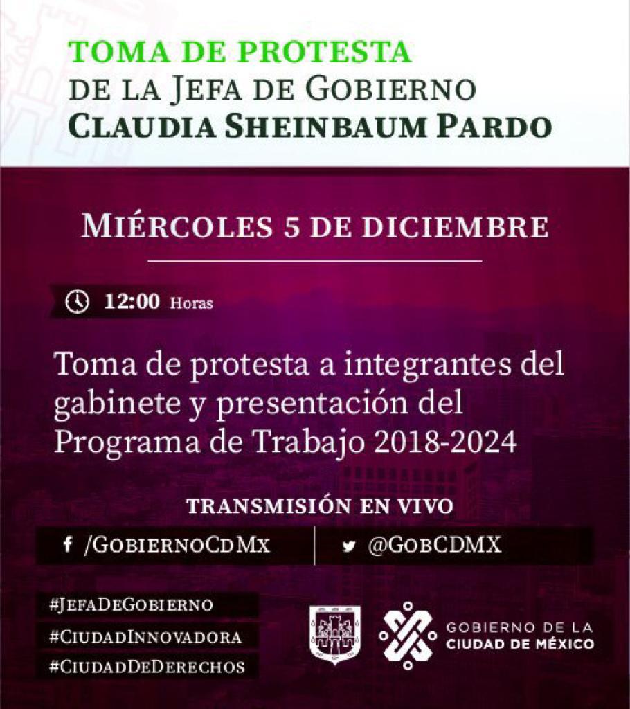 #CiudadDeDerechos | La #JefaDeGobierno, @Claudiashein, tomará protesta a los integrantes de su #Gabinete y presentará el “Programa de Trabajo 2018-2024”. Sigue la transmisión en vivo a través de las cuentas: 📲 Vía Twitter en @GobCDMX 📲 Vía Facebook en GobiernoCDMX