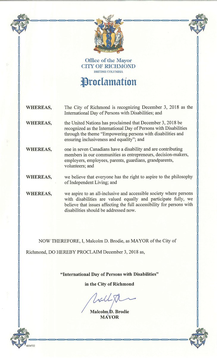 RCD_Richmond's tweet photo. Thank you to @Richmond_BC and Mayor @malcolmbrodie for proclaiming Dec3, 2018 as the City of Richmond's #2018IDPD International Day of Persons with Disabilities! https://t.co/6PdaLIabK1