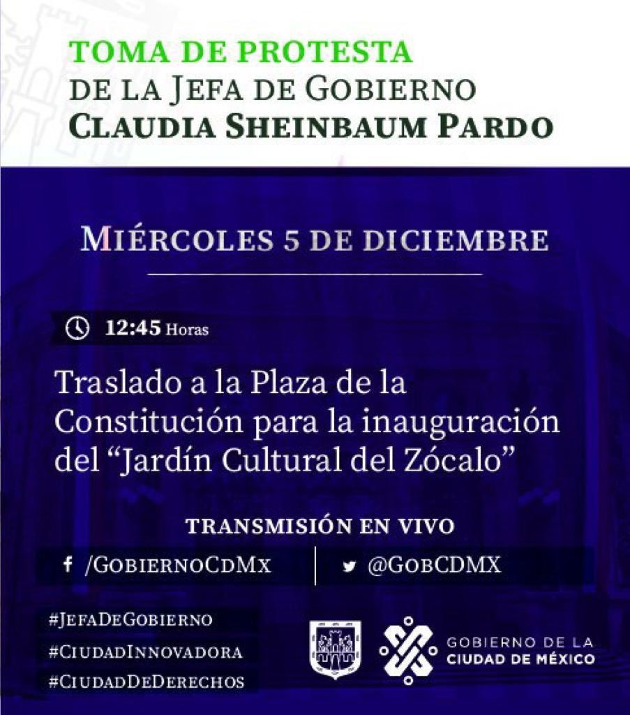 #FelizMiércoles ☀️ | Acompaña a la #JefaDeGobierno en la inauguración del “Jardín Cultural del Zócalo”. Sigue la transmisión a través de las redes sociales: 📲 Vía Twitter en @GobCDMX 📲 Vía Facebook en GobiernoCDMX