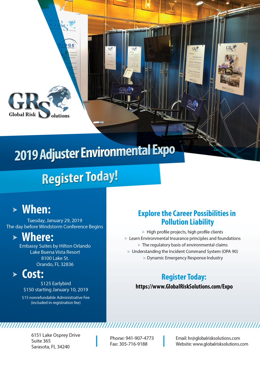 GlobalRiskSolu1's tweet photo. Registration is now open for the 2019 Adjuster Environmental Expo on January 29, 2019. Register today to receive your early bird special!
 
https://t.co/YPajbx2ifS https://t.co/Wj1dTt0ABf