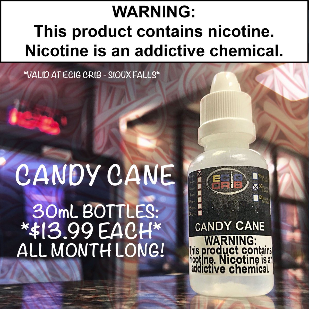 ecigcribSF's tweet photo. Candy Cane is our Flavor of the Month for December! Grab a 30mL for just $13.99! https://t.co/IkppLEkCvI