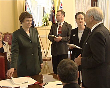 Helen Clark (left) is sworn in as Prime Minister.