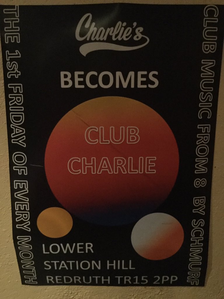 Here is the line up of events <a href="/CharliesRedruth/">Charlie's Bar</a> 
Fri 7/12 #Dj Schmurf night
Sat 8/12 <a href="/TheTribunes/">The Tribunes</a> #alt #rock
Fri 14/12 #Cornish #gin #tasting <a href="/CurioSpirits/">Curio Spirits Company</a> <a href="/AtlanticBrewing/">Atlantic Brewing Co</a> 
Sat 15/12 City In Chaos <a href="/theoceanstate1/">theoceanstate</a> &amp; Chris Odgers
#alt #rock
Fri 21/12 <a href="/PirateCopy/">Pirate Copy</a> Bastard &amp; Ballerina