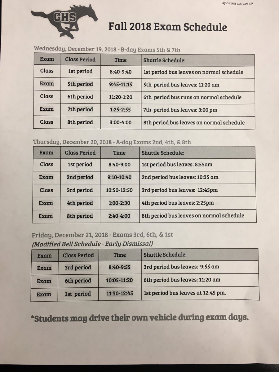 frauoviatt's tweet photo. It’s getting closer. Here’s the semester exam schedule for inquiring minds #ghsunity #timetostudy #pleasestudy https://t.co/PjEp7hxQfI