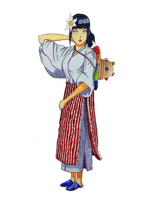 2/5 Hinata Hyuga du manga Naruto, elle est en tenue traditionnelle du nord du , vêtue d’une kurziya et mendil avec son chapeaux multicolore  sans oublier le cherbil qu’elle a au pied.