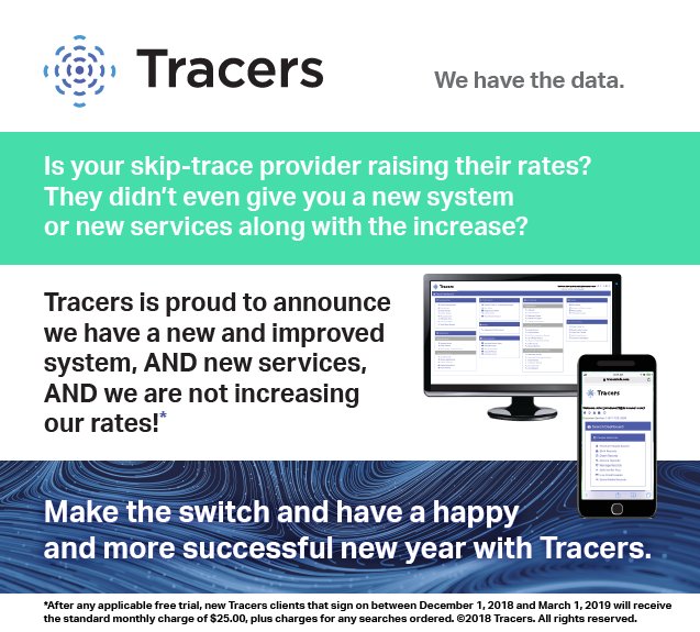 Tracersdata's tweet image. Improve your skip-tracing and investigations programs without increasing your rates.  Make the switch today:  go.tracersinfo.com/wehavethedata 
#WeHaveTheData #investigation #collections #law #fraud #insurancenews
