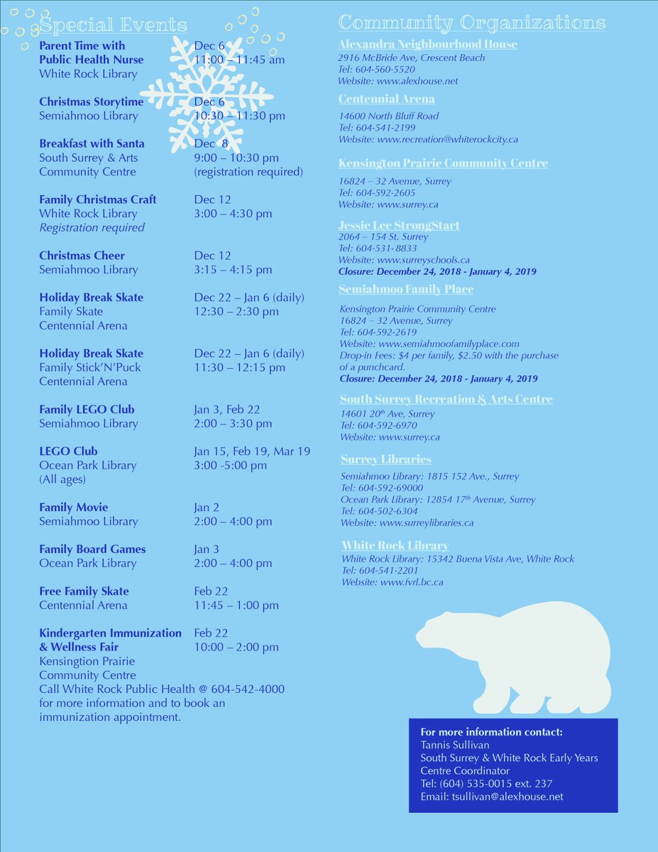EYCC_Coord's tweet photo. Did you see the newest #southsurrey &amp; #whiterock #earlyyearscentre winter calendar?! Check out all the fun, family activities happening this season below. #familyfun #winterfun #earlychildhooddevelopment @whiterockcity @CityofSurrey @surreylibrary @AlexHouseBC https://t.co/wxBzRCWX3M