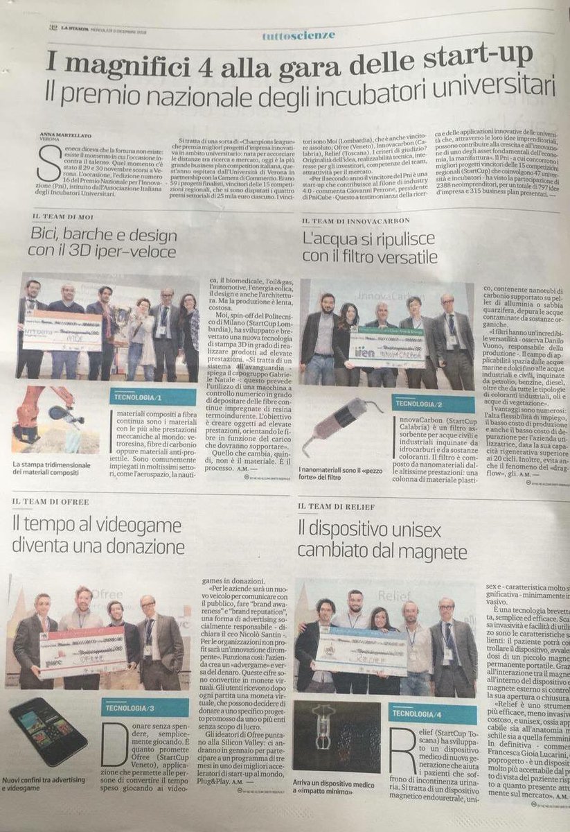 PNICube's tweet photo. Oggi su @LaStampa un’intera pagina a cura di @AnnaMartellato racconta tutti i vincitori del #PNI2018 .
Un grande riconoscimento all’impegno di tutti gli incubatori universitari del #PNICube che supportano la nascita e lo sviluppo di #startups innovative e #spinoff 
@UniVerona https://t.co/FaQrvQkULA