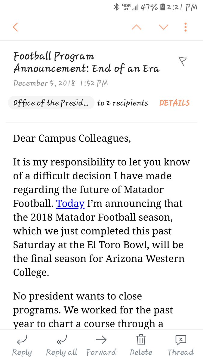 CoachJDominguez's tweet photo. NO MORE FOOTBALL AT @AWCMatadors What a sad day for Matadors across the world 🚫🏈😔 https://t.co/7mzuB5pjYt