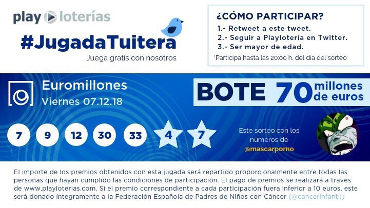 La #JugadaTuitera* no hace puente y volvemos a la carga con los números malditos de @mascarporno‼️ 

Ya son 7⃣0⃣ kilos de BOTE en el #Euromillones del viernes a repartir entre quienes hagan RT y nos sigan.

*Este mes jugamos en favor de <a href="/cancerinfantil/">Federación Española de Familias de Cáncer Infantil</a> ❤️