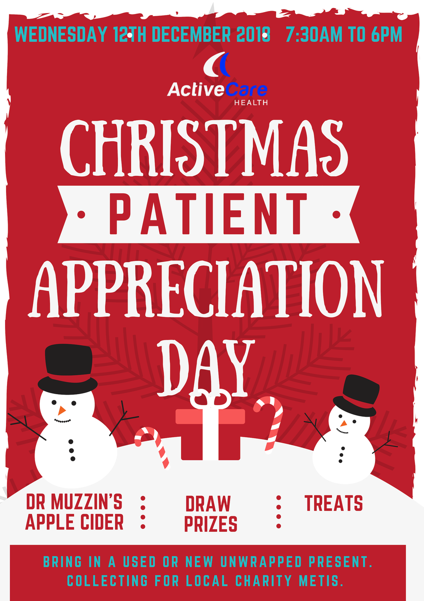 ActiveCareH's tweet photo. Come book an appointment on the 12th of Dec, as its our Patient Appreciation day. We will have Dr. Muzzin's special cider and snacks! 😄 We are gathering used or new presents  for children, for the local charity Metis. Bring the gift of joy to a child in need this Christmas. https://t.co/Gvmqho0S63