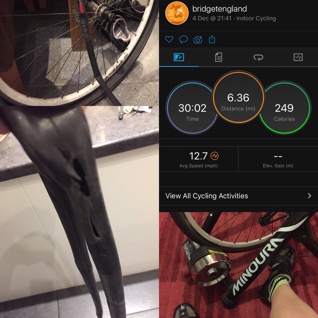 HiSSarahJaneM1's tweet image. Only a day behind but...puncture on the turbo trainer (yes really), repaired said puncture but pinched the tube which then went bang! 2nd inner tube installed, finally got to ride the bike! #exercisefail #persistence #eventuallywin