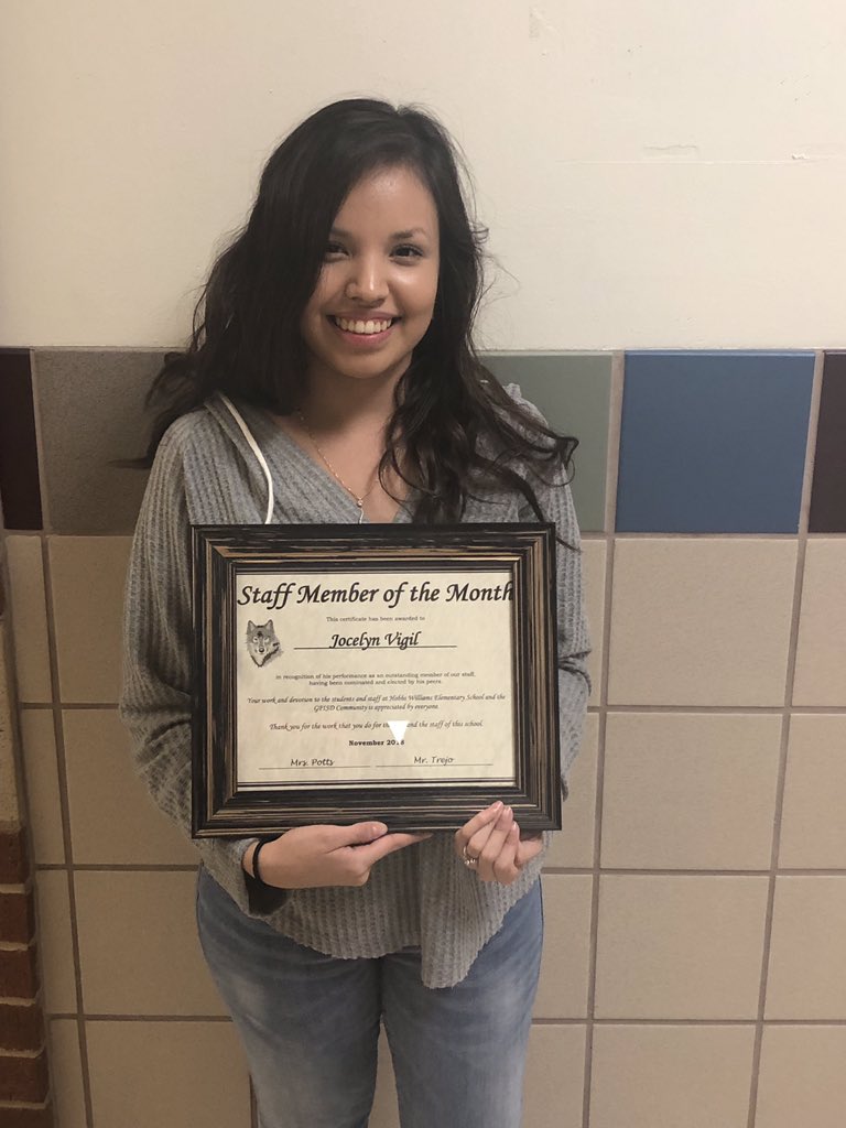 HobbsWilliamsGP's tweet photo. Congratulations to our December Staff Member of the Month, Ms. Vigil.#HWwolfpack https://t.co/5i2pZGTJdR