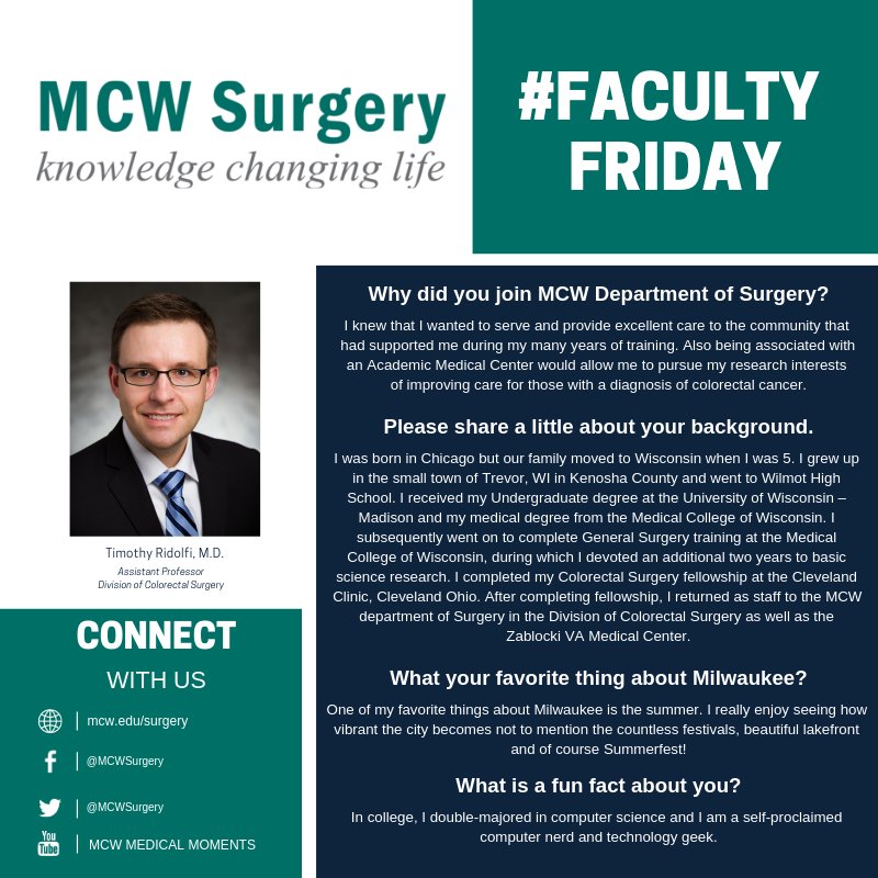 MCW Surgery (@mcwsurgery) on Twitter photo This week's #FacultyFriday features Tim Ridolfi, M.D. from our division of #MCWColorectalSurgery. He specializes in colorectal cancer and serves at both <a href="/FroedtertHealth/">Froedtert</a> and the VA. #leadingtheway <a href="/MedicalCollege/">Medical College of Wisconsin</a> <a href="/TimRidolfi/">Tim Ridolfi</a> This week's #FacultyFriday features Tim Ridolfi, M.D. from our division of #MCWColorectalSurgery. He specializes in colorectal cancer and serves at both <a href="/FroedtertHealth/">Froedtert</a> and the VA. #leadingtheway <a href="/MedicalCollege/">Medical College of Wisconsin</a> <a href="/TimRidolfi/">Tim Ridolfi</a>